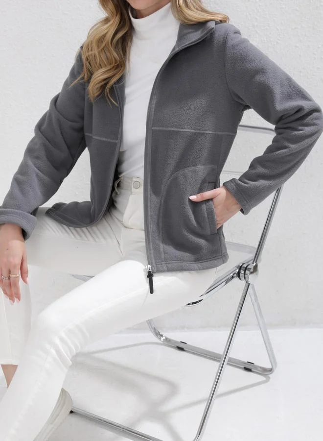 Take Two Take Two Grey High Neck Fleece Jacket