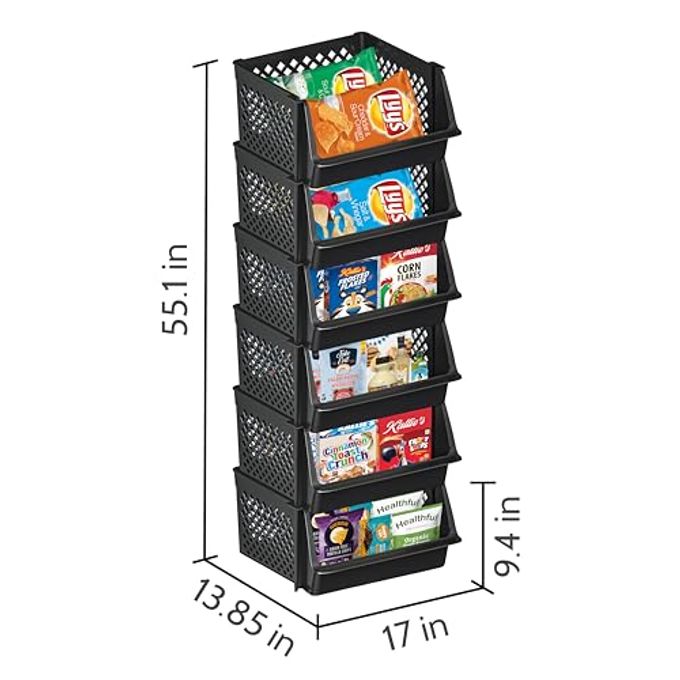 Skywin Tidyfriend Plastic Stackable Bins For Pantry, 6 Pack Large Stacking Bins Open Front Kitchen, And Bathroom Organization, Open Front Design (Black) - Image 2