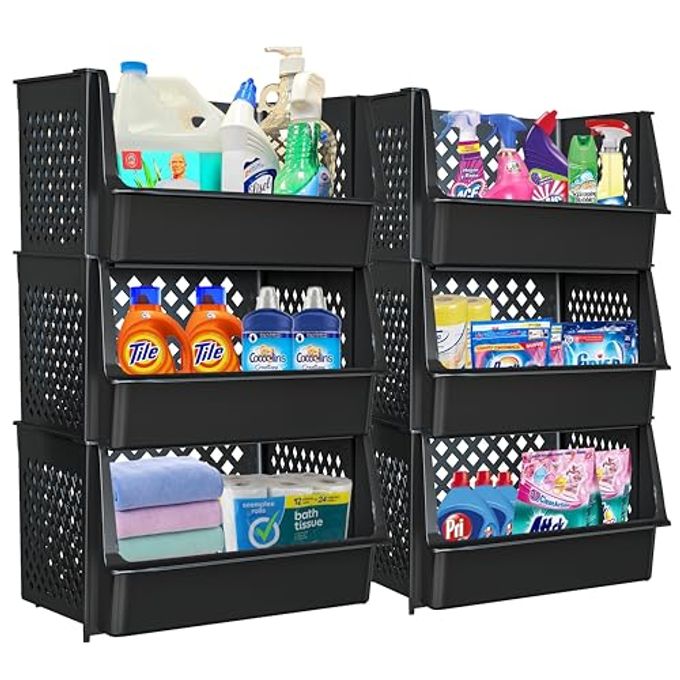 Skywin Tidyfriend Plastic Stackable Bins For Pantry, 6 Pack Large Stacking Bins Open Front Kitchen, And Bathroom Organization, Open Front Design (Black) - Image 1