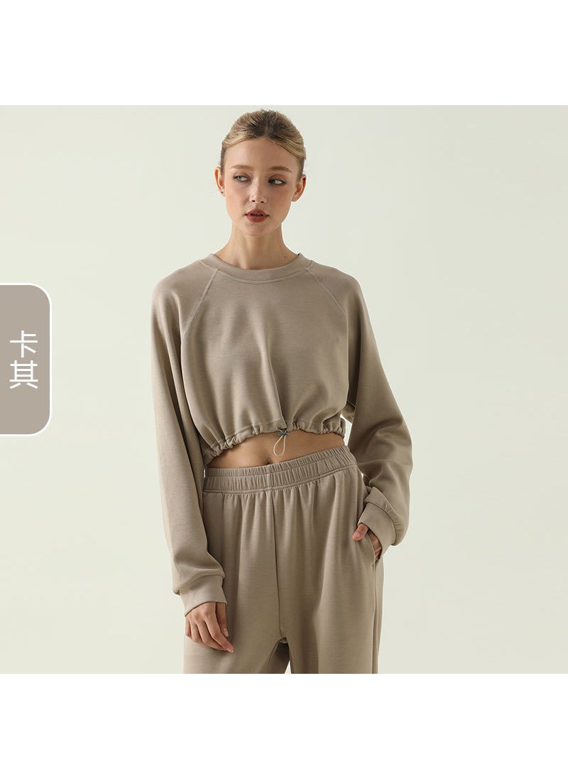 Generic - Autumn Winter Casual Loose Drawstring Yoga Crop Top Khaki - Image 1