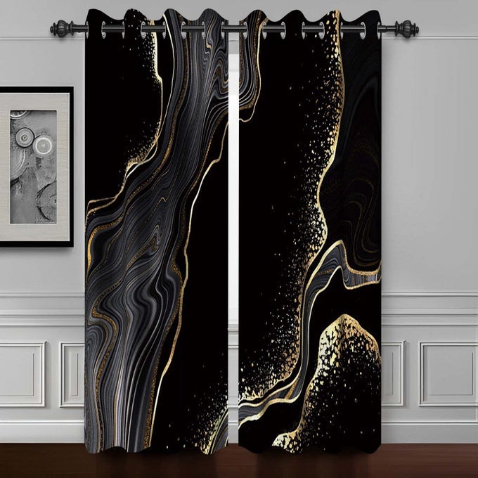 BLACK AND GOLD MARBLE WINDOW CURTAINS FOR BEDROOM ART FLUID GOLD TEXTURE DRAPES FOR LIVING ROOM MODERN LUXURY FASHION DESIGN BLACKOUT GROMMETS CURTAINS 2 PANELS 42WX84H INCH