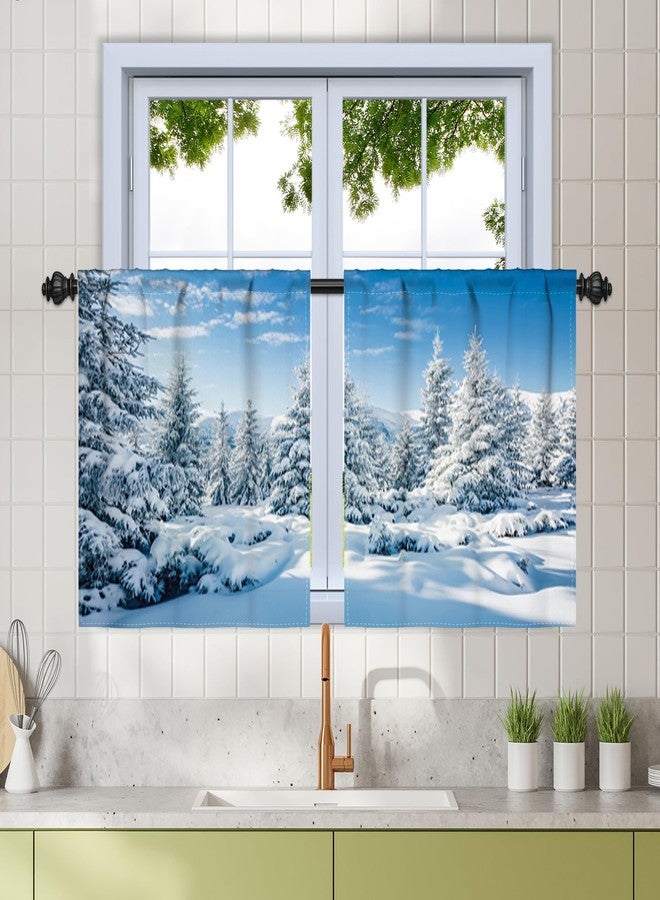 Renaiss 26 x 24 Inch Snowy Cedar Trees Kitchen Curtains Tiers Spruce Forest Woodland Winter Scenery Small Curtains for Half Window for Bathroom Laundry Room Window Curtains with Rod Pocket 2 Panels - Image 1