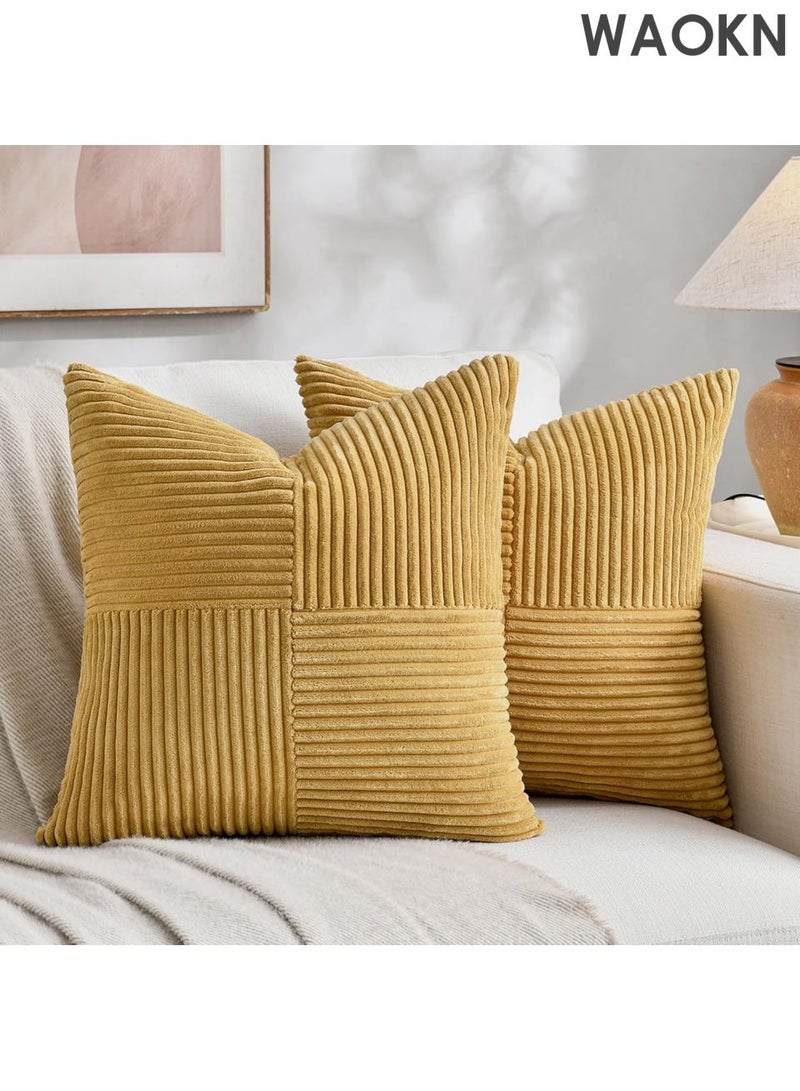WAOKN 2 Packs Mustard Yellow Decorative Throw Pillow Covers 18x18 Inch for Living Room Couch Bed, Farmhouse Boho Home Decor, Soft Cross Corduroy Patchwork Textured Accent Cushion Case 45x45 cm - Image 2