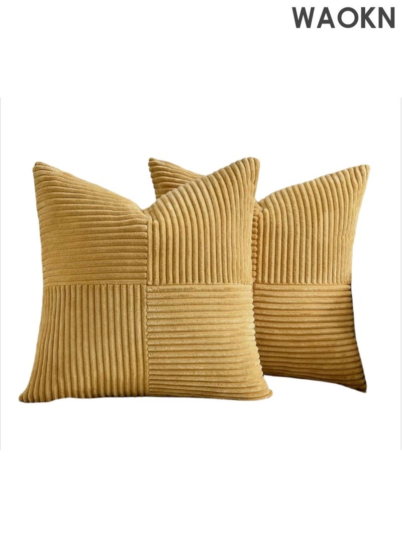 WAOKN 2 Packs Mustard Yellow Decorative Throw Pillow Covers 18x18 Inch for Living Room Couch Bed, Farmhouse Boho Home Decor, Soft Cross Corduroy Patchwork Textured Accent Cushion Case 45x45 cm - Image 1