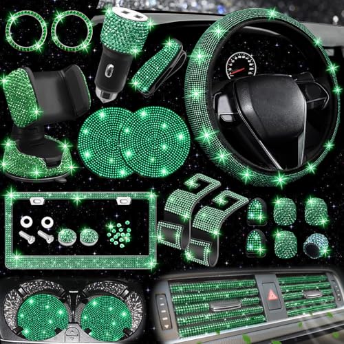 NBTEPEM 27 PCs Green Bling Car Accessories Set for Women Steering Wheel Covers Universal Fit 15 Inch Bling License Plate Frame Bling Phone Holder Bling Car Coasters Green Diamond - Image 1