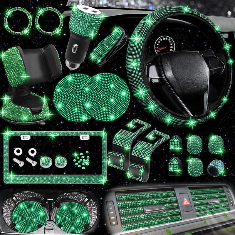 NBTEPEM 27 PCs Green Bling Car Accessories Set for Women Steering Wheel Covers Universal Fit 15 Inch Bling License Plate Frame Bling Phone Holder Bling Car Coasters Green Diamond - Image 2