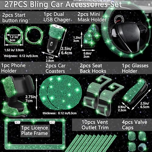 NBTEPEM 27 PCs Green Bling Car Accessories Set for Women Steering Wheel Covers Universal Fit 15 Inch Bling License Plate Frame Bling Phone Holder Bling Car Coasters Green Diamond - Image 3