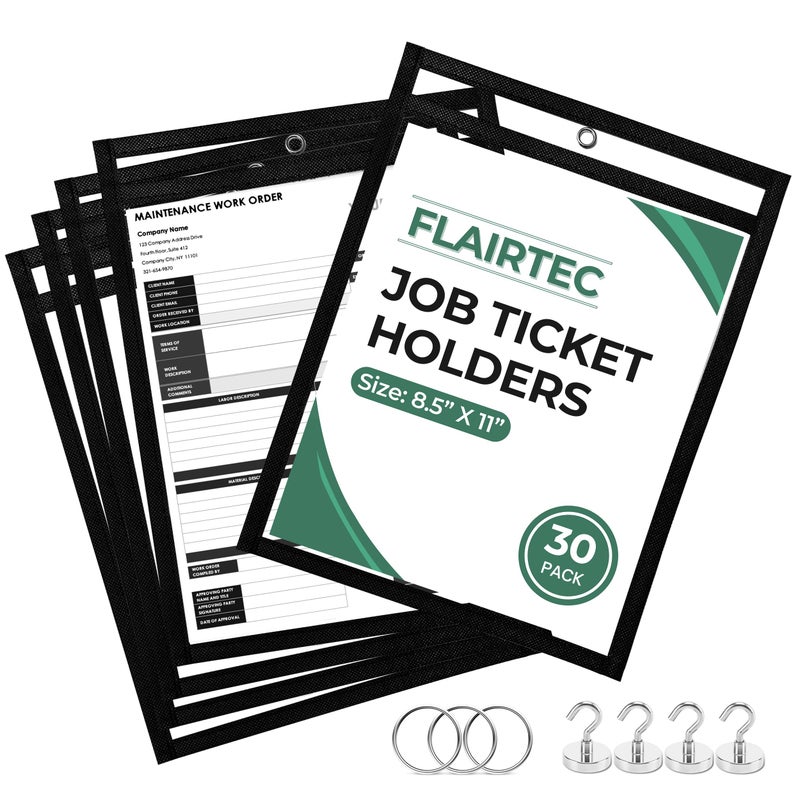 FLAIRTEC Job Ticket Holders 10x14 - (30 Pack) 8.5x11 Letter Size | Reusable Dry Erase Pockets Black with Metal Rings & Hooks | Durable Clear Shop Sleeves for Work Order | Perfect for Classrooms - Image 1