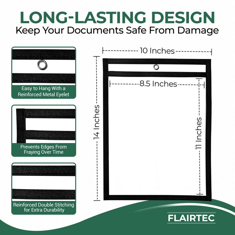 FLAIRTEC Job Ticket Holders 10x14 - (30 Pack) 8.5x11 Letter Size | Reusable Dry Erase Pockets Black with Metal Rings & Hooks | Durable Clear Shop Sleeves for Work Order | Perfect for Classrooms - Image 3