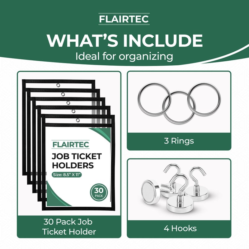 FLAIRTEC Job Ticket Holders 10x14 - (30 Pack) 8.5x11 Letter Size | Reusable Dry Erase Pockets Black with Metal Rings & Hooks | Durable Clear Shop Sleeves for Work Order | Perfect for Classrooms - Image 2