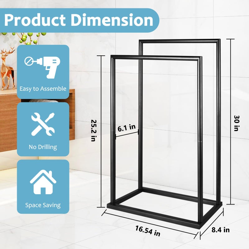 DECLUTTR Free Standing Towel Rack, 2 Tier Towel Racks for Bathroom with Storage Shelves, Modern Outdoor Standing Towel Drying Rack for Poolside, Black Blanket Rack Holder, DECLUTTR - Image 2