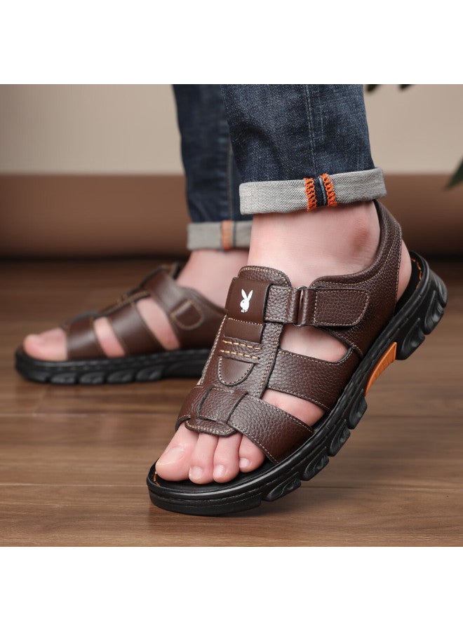 Playboy Men's Sandals Summer Casual Beach Shoes Middle-aged And Elderly Dad Leather Sandals Dark Brown Size 40 - Image 2