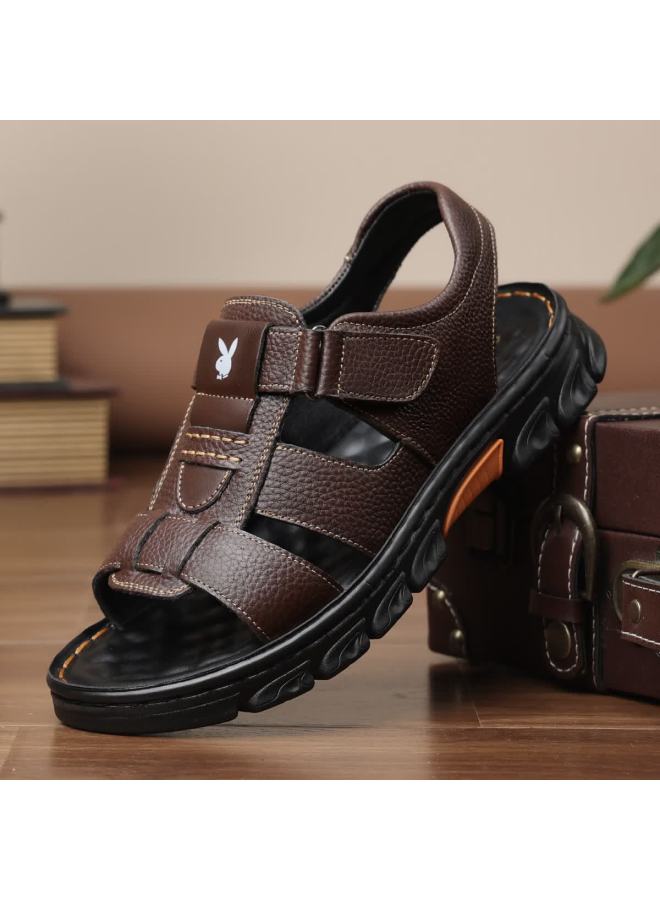 Playboy Men's Sandals Summer Casual Beach Shoes Middle-aged And Elderly Dad Leather Sandals Dark Brown Size 40 - Image 1