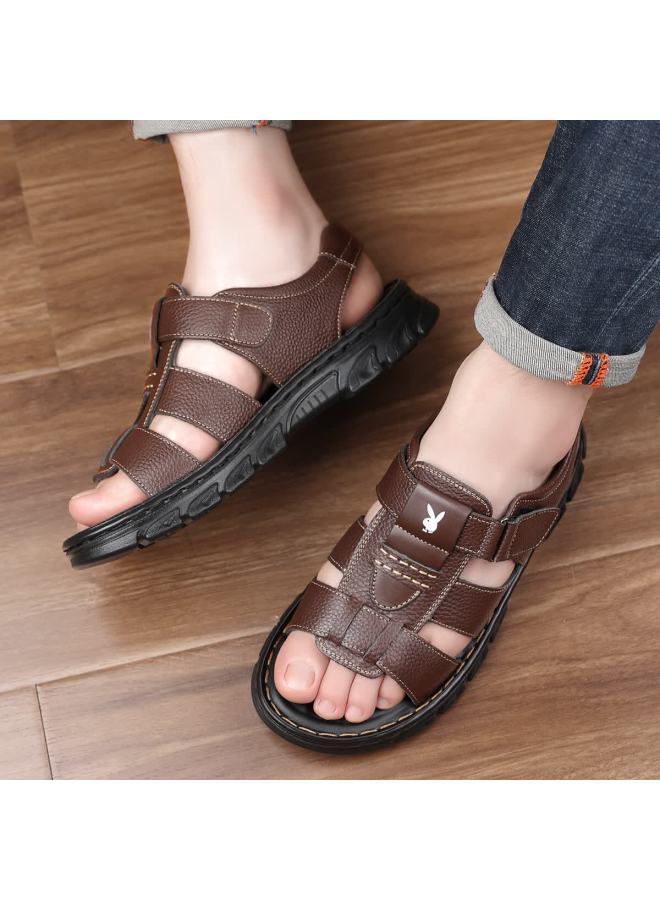 Playboy Men's Sandals Summer Casual Beach Shoes Middle-aged And Elderly Dad Leather Sandals Dark Brown Size 40 - Image 3