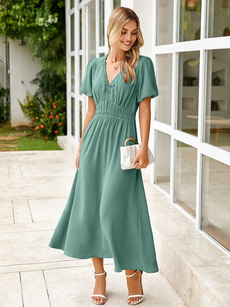 Simplee Apparel Simplee Women's Summer Flowy Midi Dress Casual V Neck Short Sleeve Empire Waist Boho Beach Dress Wedding Guest Maxi Dress Blue Green,M - Image 4