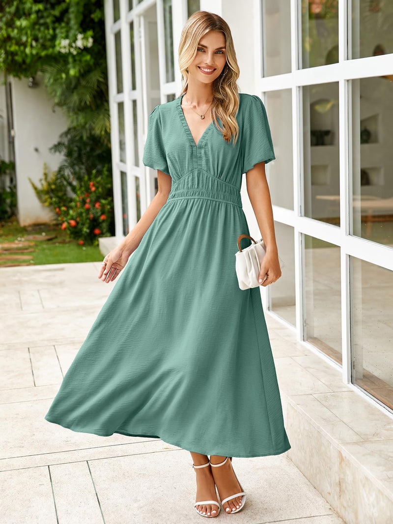 Simplee Apparel Simplee Women's Summer Flowy Midi Dress Casual V Neck Short Sleeve Empire Waist Boho Beach Dress Wedding Guest Maxi Dress Blue Green,M - Image 3