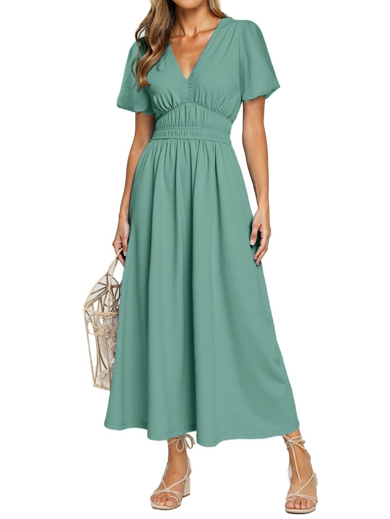 Simplee Apparel Simplee Women's Summer Flowy Midi Dress Casual V Neck Short Sleeve Empire Waist Boho Beach Dress Wedding Guest Maxi Dress Blue Green,M - Image 1