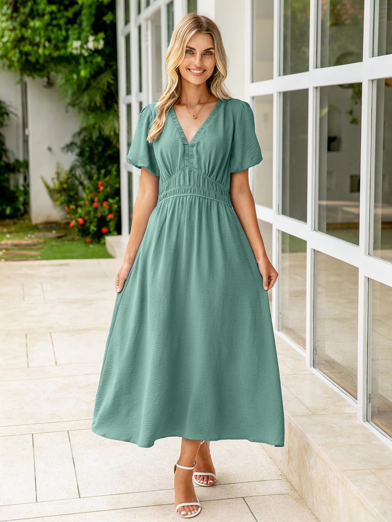 Simplee Apparel Simplee Women's Summer Flowy Midi Dress Casual V Neck Short Sleeve Empire Waist Boho Beach Dress Wedding Guest Maxi Dress Blue Green,M - Image 2