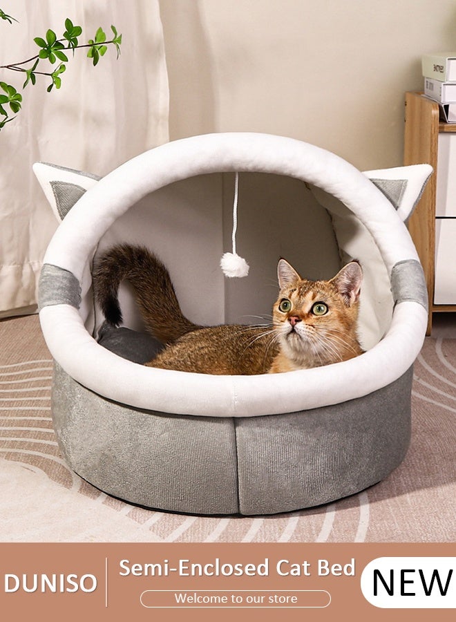 DUNISO Indoor Cat Bed,Cat Bed Semi-Enclosed for Indoor, Portable Cat Cave Bed with Plush Ball and Anti-Slip Bottom, Washable Pet Bed for Medium-sized Cats and Small Dogs,45*42*35cm - Image 1