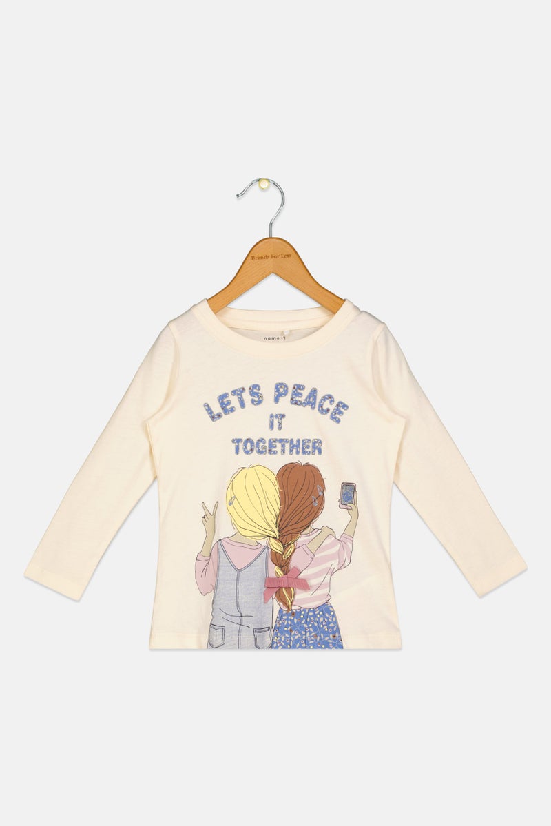 NAME IT Toddlers Girl Graphic Print Long Sleeves Top, Cream - Image 1