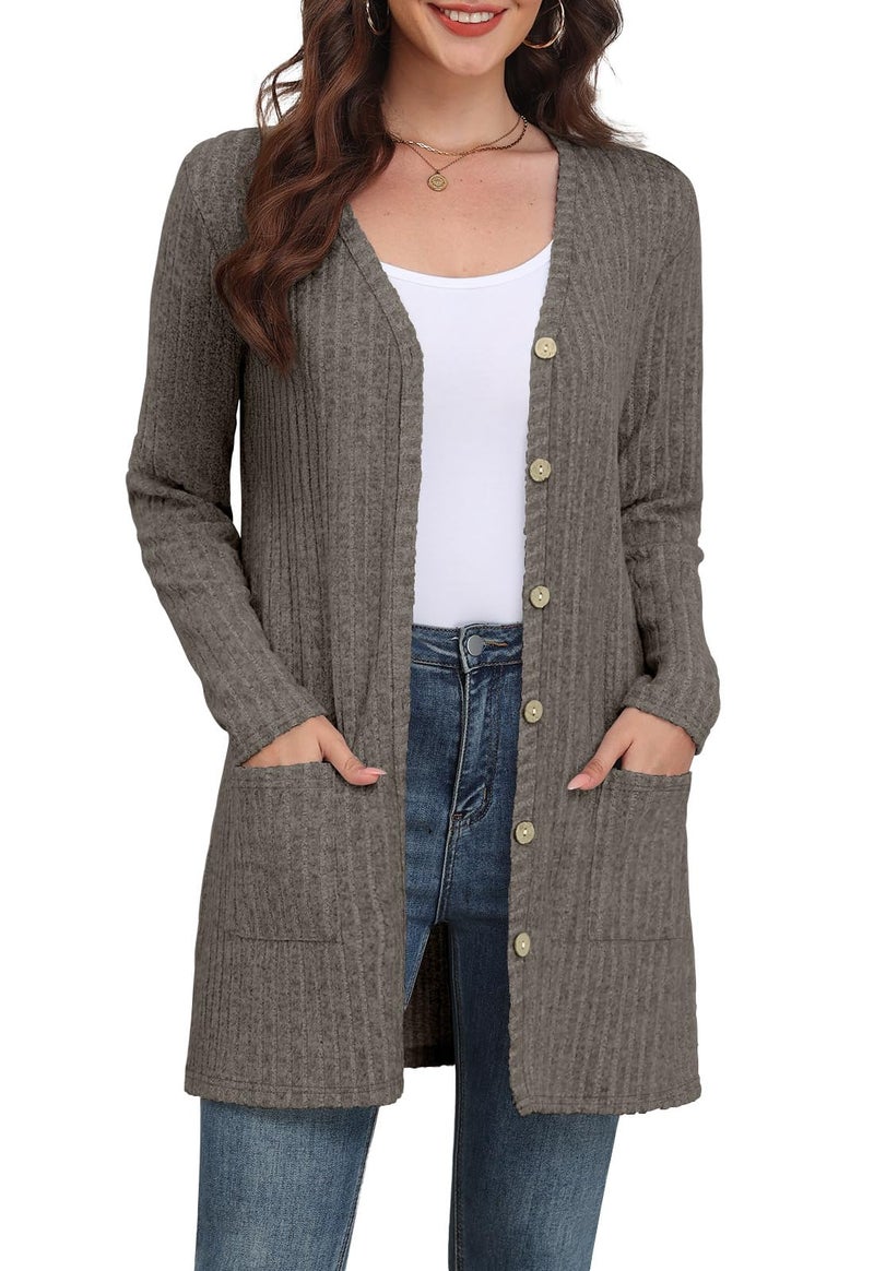 Yincro Women's Long Sleeve Lightweight Cardigan Sweaters Fall 2026 Open Front Casual Cardigans with Pockets (Gray Brown, S) - Image 2
