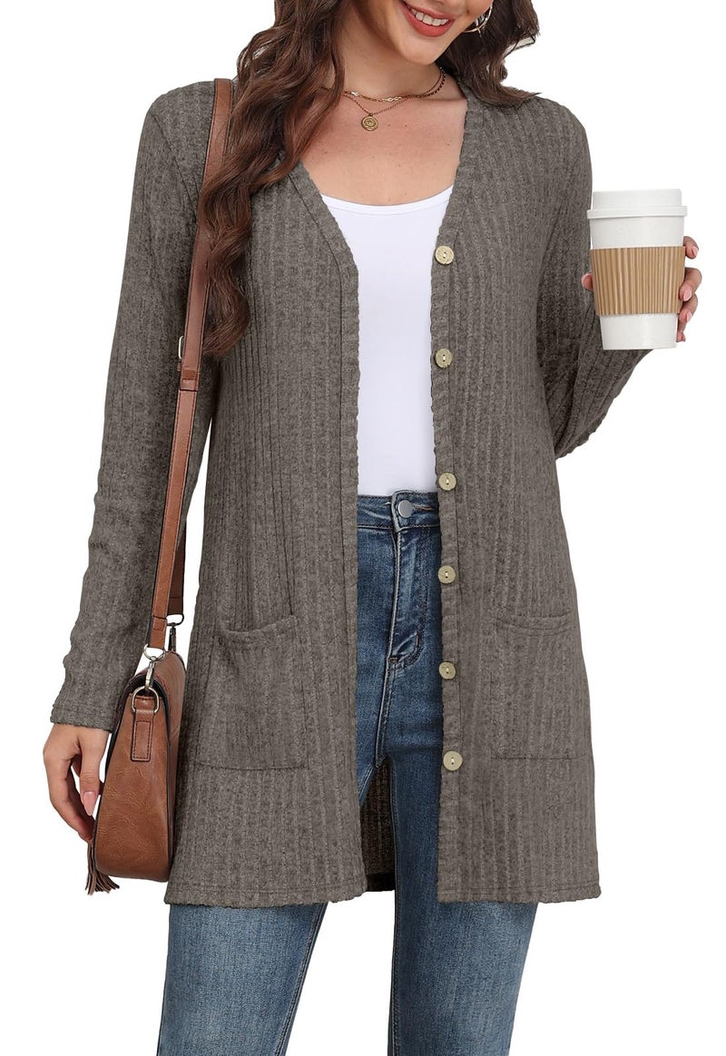 Yincro Women's Long Sleeve Lightweight Cardigan Sweaters Fall 2026 Open Front Casual Cardigans with Pockets (Gray Brown, S) - Image 1