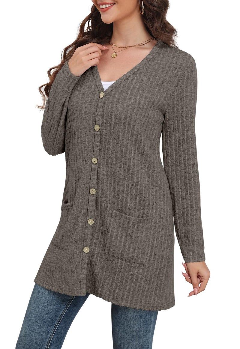 Yincro Women's Long Sleeve Lightweight Cardigan Sweaters Fall 2026 Open Front Casual Cardigans with Pockets (Gray Brown, S) - Image 3