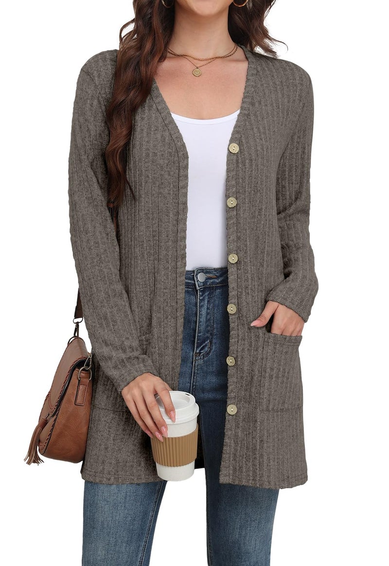 Yincro Women's Long Sleeve Lightweight Cardigan Sweaters Fall 2026 Open Front Casual Cardigans with Pockets (Gray Brown, S) - Image 4