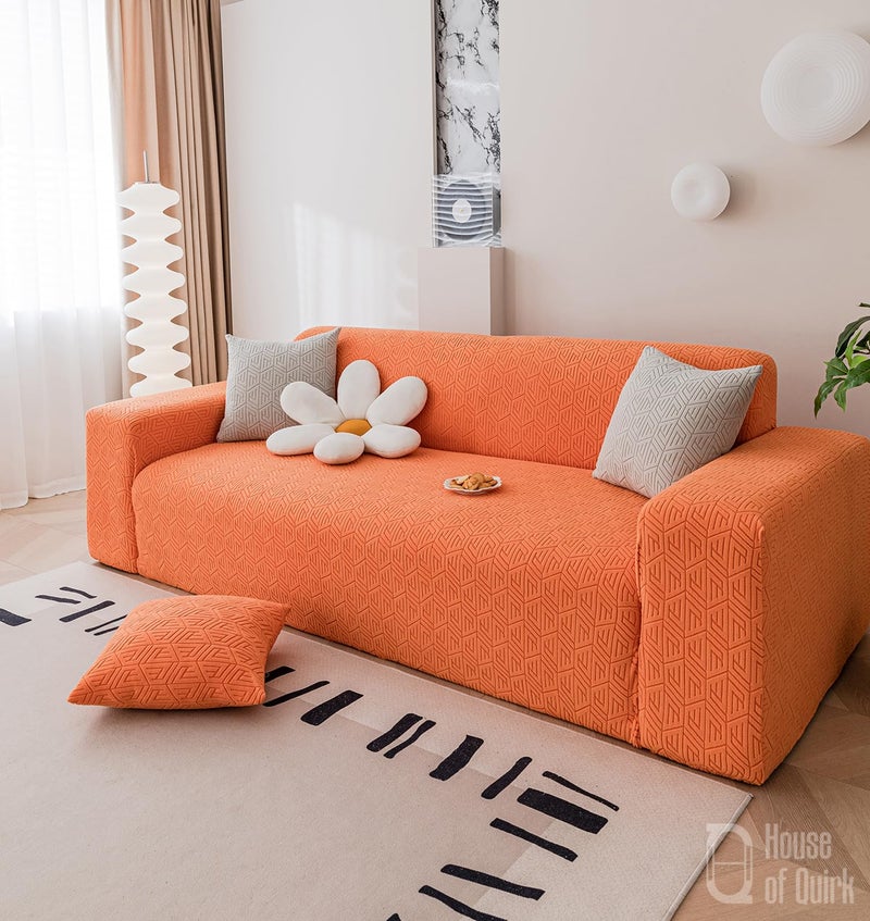 HOUSE OF QUIRK غطاء أريكة ثلاثي مقاعد عالمي من هاوس أوف كويرك 220 GSM قماش جاكار بنسيج حبيبي غطاء ناعم للمس للأريكة غطاء مرن للأريكة (برتقالي، 190-230 سم) - Image 1