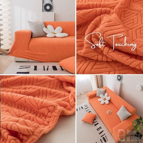 HOUSE OF QUIRK غطاء أريكة ثلاثي مقاعد عالمي من هاوس أوف كويرك 220 GSM قماش جاكار بنسيج حبيبي غطاء ناعم للمس للأريكة غطاء مرن للأريكة (برتقالي، 190-230 سم) - Image 3