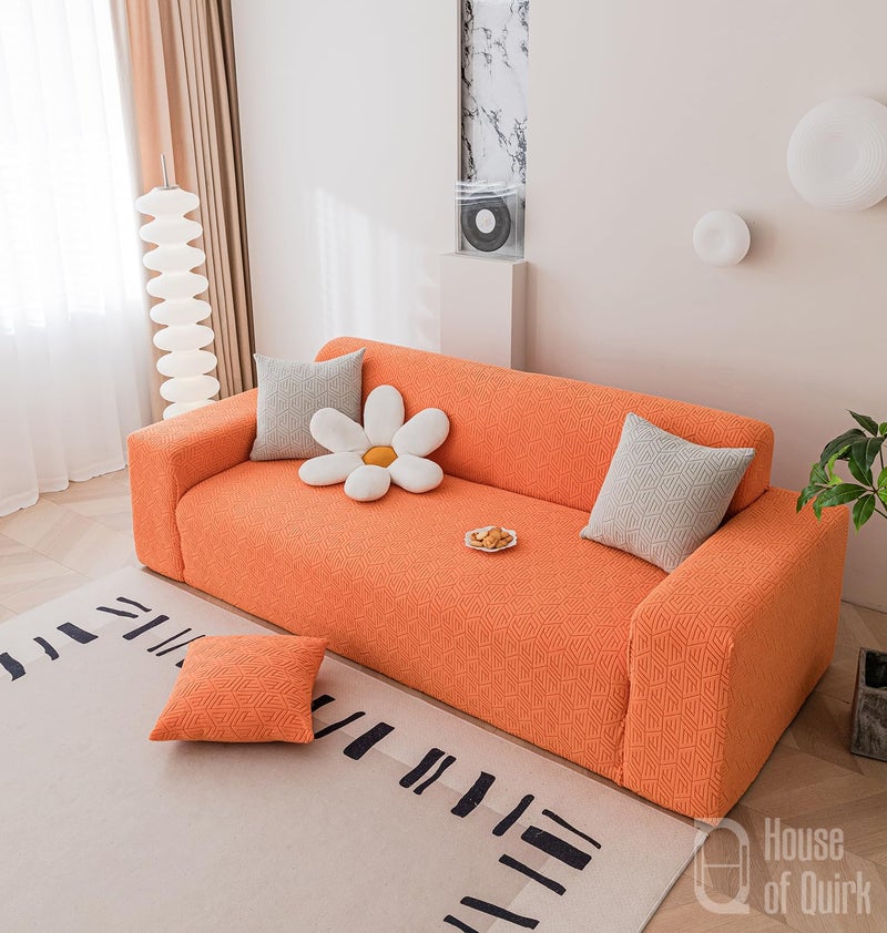 HOUSE OF QUIRK غطاء أريكة ثلاثي مقاعد عالمي من هاوس أوف كويرك 220 GSM قماش جاكار بنسيج حبيبي غطاء ناعم للمس للأريكة غطاء مرن للأريكة (برتقالي، 190-230 سم) - Image 4
