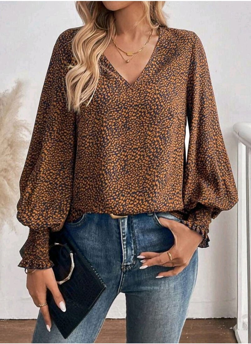 Shein SHEIN LUNE Shirred Lantern Sleeve Leopard Print Casual/Work Long Sleeve Blouse For Women  - Image 1