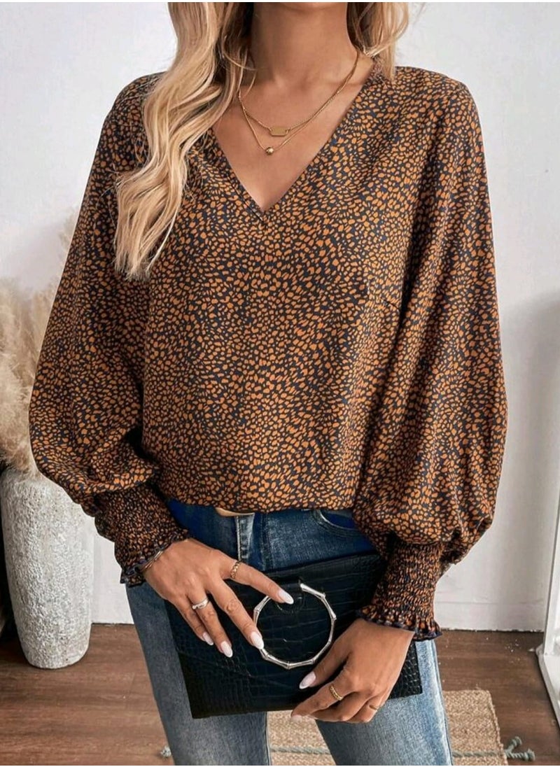 Shein SHEIN LUNE Shirred Lantern Sleeve Leopard Print Casual/Work Long Sleeve Blouse For Women  - Image 2