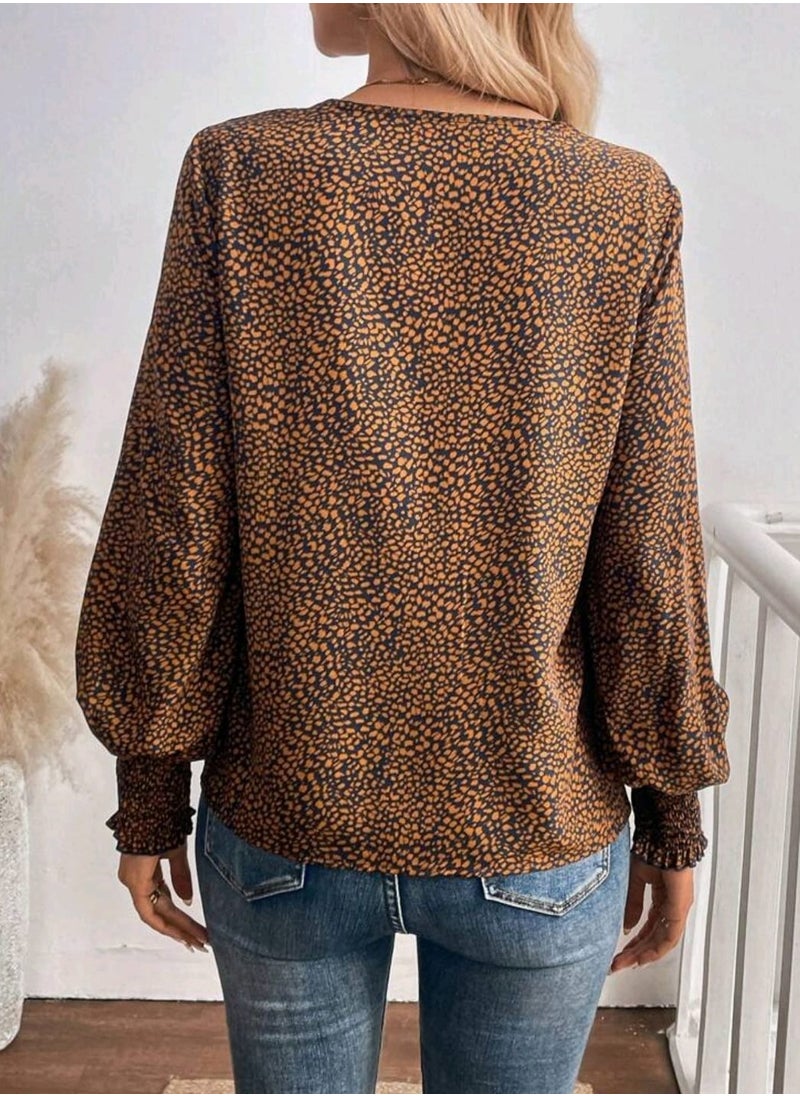 Shein SHEIN LUNE Shirred Lantern Sleeve Leopard Print Casual/Work Long Sleeve Blouse For Women  - Image 3