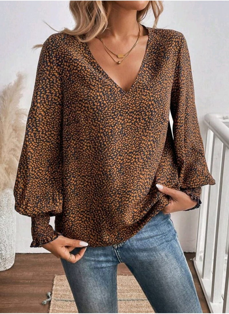 Shein SHEIN LUNE Shirred Lantern Sleeve Leopard Print Casual/Work Long Sleeve Blouse For Women  - Image 4