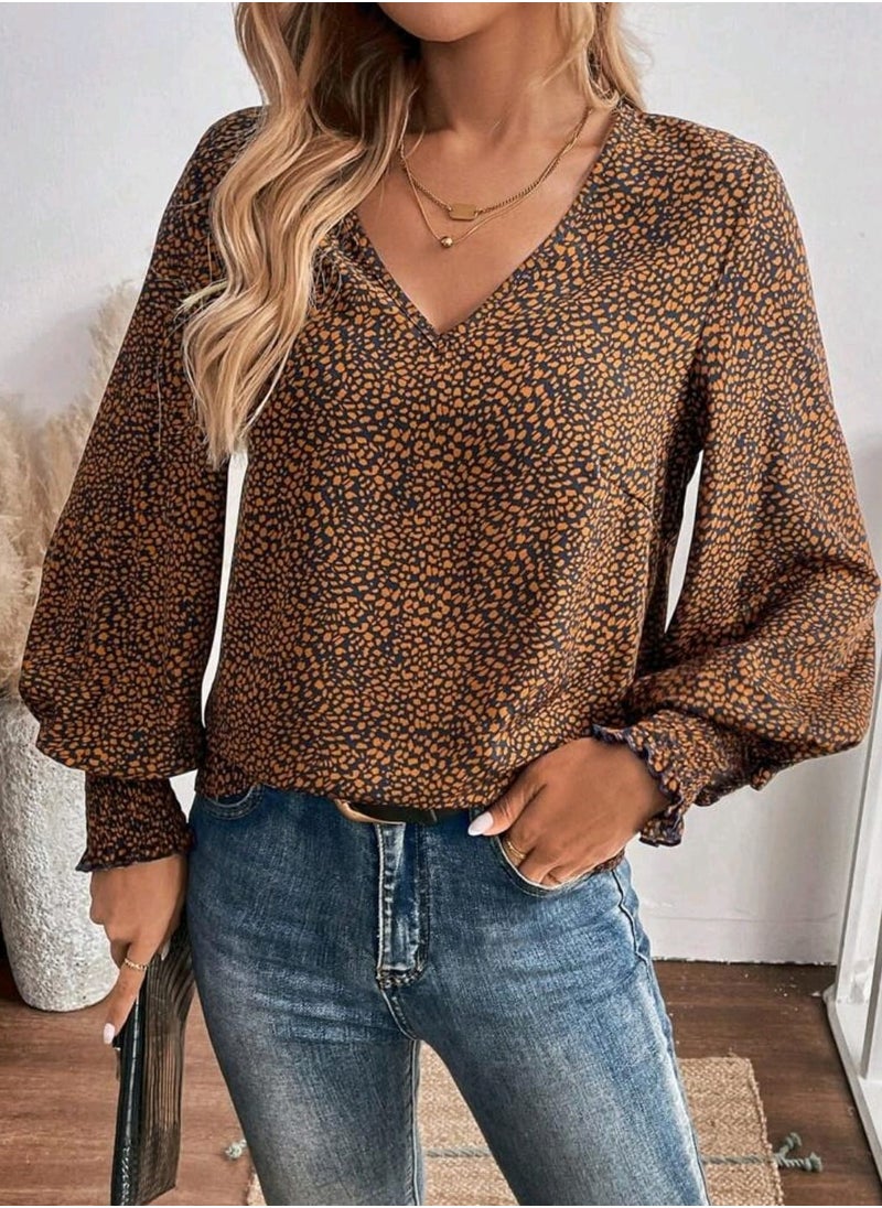 Shein SHEIN LUNE Shirred Lantern Sleeve Leopard Print Casual/Work Long Sleeve Blouse For Women  - Image 5