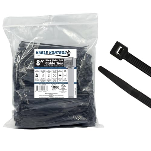Kable Kontrol Cable Zip Ties 1000 Pcs 8 Inch Black, 50 Lbs Tensile Strength, Self-locking UV Resistant Plastic Nylon Wire Ties, for Indoor or Outdoor Use - Image 1