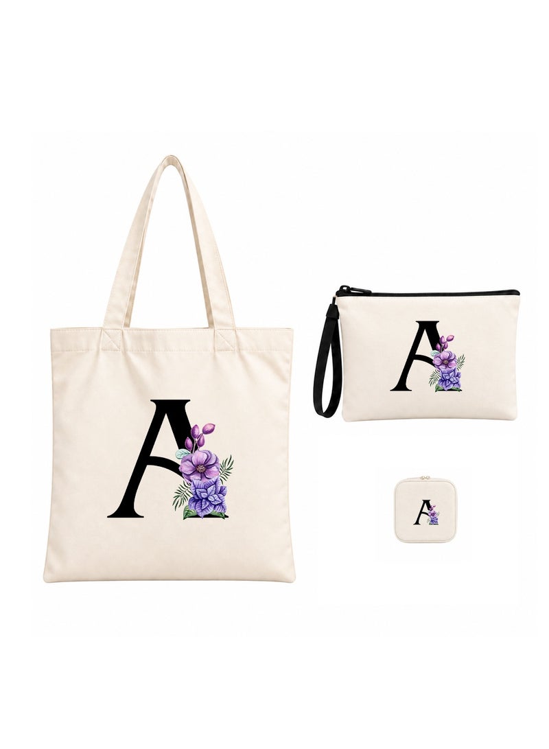 برينت شوب فور مي مجموعة هدايا (حرف مزين بالزهور): حقيبة تسوق (Tote Bag) + حقيبة صغيرة (Pouch) + علبة مجوهرات (3 في 1) - Image 1