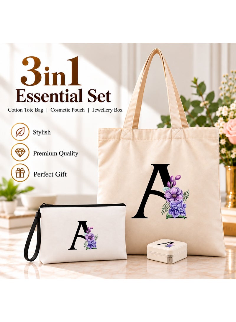 برينت شوب فور مي مجموعة هدايا (حرف مزين بالزهور): حقيبة تسوق (Tote Bag) + حقيبة صغيرة (Pouch) + علبة مجوهرات (3 في 1) - Image 2