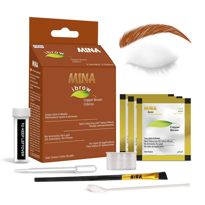 MinaiBrow MINA iBrow Henna Hair Color Tint Kit with Brush Combo Pack | Covers Gray Hair-Lasts up to 6 weeks | No Ammonia No Lead | Vegan & Cruelty Free | up to 30 Applications (Copper Brown) - Image 1