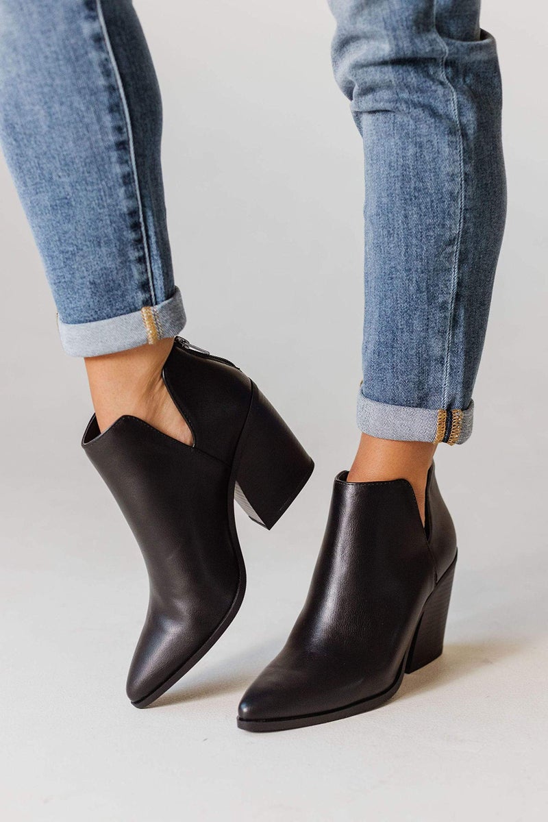 FISACE Womens Pointed Toe Stacked Mid Heel Ankle Boots V Cut Back Zipper Faux Leather Booties - Image 5