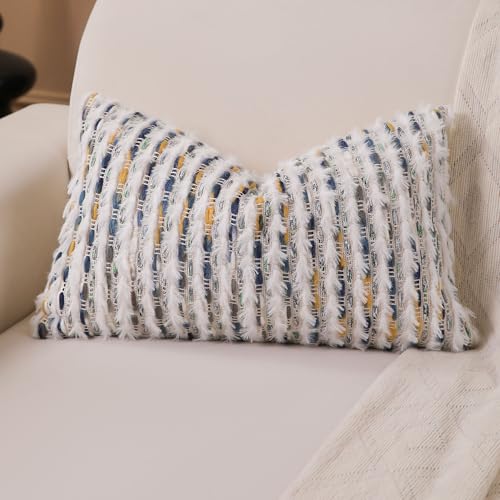 KOOLIFE Boho Lumbar Pillow Cover 12x20 Inch Pack of 1 Farmhouse Rectangle Decorative Couch Throw Pillow Cover Mixed Blue Chenille Tufted Striped Pillowcase for Living Room Sofa Bed - Image 1