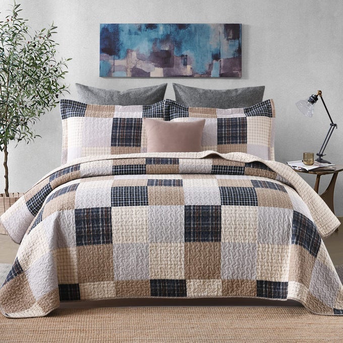 QUILT KING SIZE 100 COTTON QUILT BROWN PLAID BEDSPREAD FOR ALL SEASONS LIGHTWEIGHT AND SOFT 3PIECES