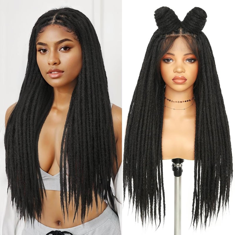HANNE HANNE Full Lace Dreadlock Wig with Baby Hair 30 Inch Faux Locs Wig Hand Made Afro Dreads Wig Knotless Square Part Soft Braided Locs Wigs for Black WomenNatural Black