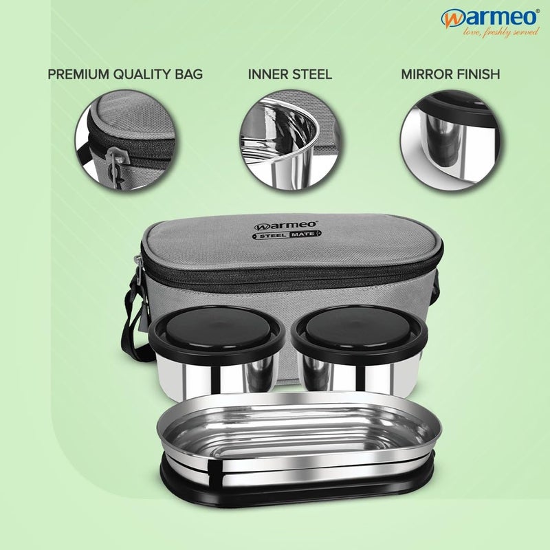 WARMEO WARMEO Prime Executive Combo Lunch Box with Insulated Fabric Jacket 2 Round Containers 300 ml Each 1 Oval Container 450 ml Black Easy to Carry Leak Proof Hot Food  - Image 3