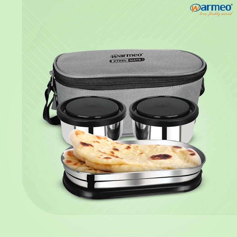WARMEO WARMEO Prime Executive Combo Lunch Box with Insulated Fabric Jacket 2 Round Containers 300 ml Each 1 Oval Container 450 ml Black Easy to Carry Leak Proof Hot Food  - Image 2