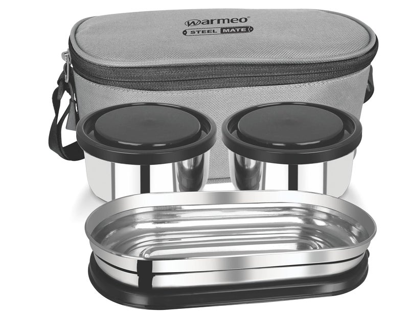 WARMEO WARMEO Prime Executive Combo Lunch Box with Insulated Fabric Jacket 2 Round Containers 300 ml Each 1 Oval Container 450 ml Black Easy to Carry Leak Proof Hot Food  - Image 1