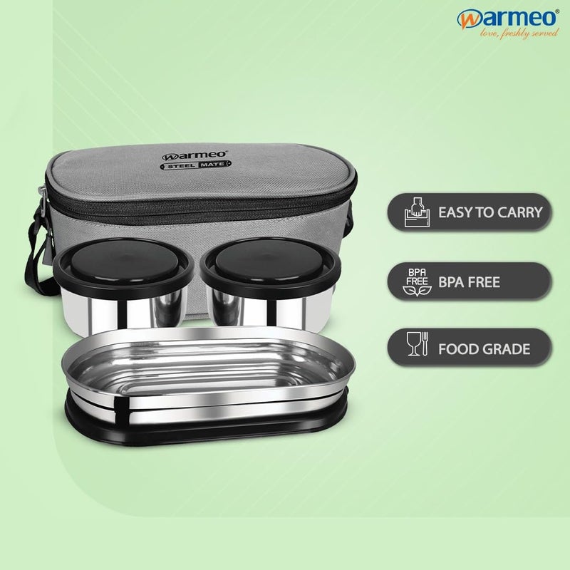 WARMEO WARMEO Prime Executive Combo Lunch Box with Insulated Fabric Jacket 2 Round Containers 300 ml Each 1 Oval Container 450 ml Black Easy to Carry Leak Proof Hot Food  - Image 4