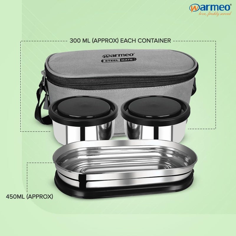 WARMEO WARMEO Prime Executive Combo Lunch Box with Insulated Fabric Jacket 2 Round Containers 300 ml Each 1 Oval Container 450 ml Black Easy to Carry Leak Proof Hot Food  - Image 5
