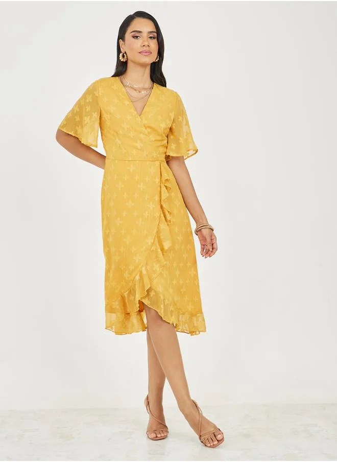 Styli Burnout Texture Ruffle Detail A-Line Wrap Midi Dress